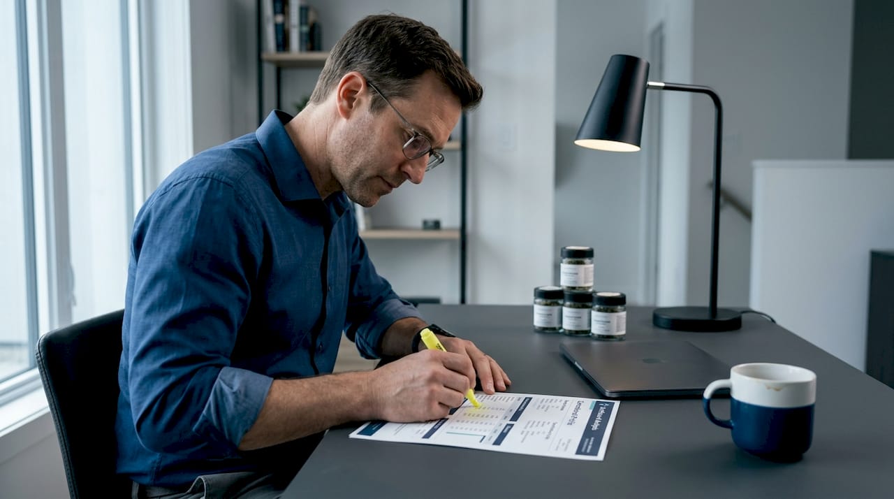 Man reviewing cannabis lab report at home desk