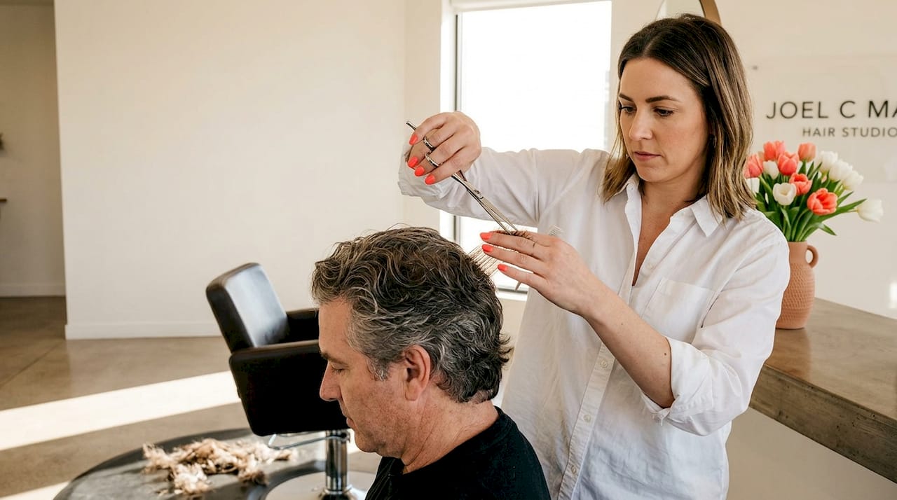 Stylist cutting thick hair in studio