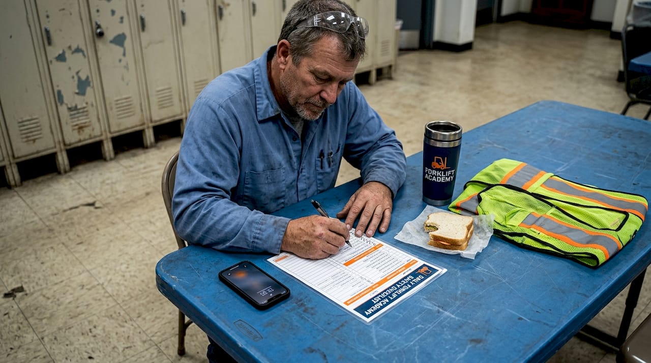 Forklift operator reviewing training checklist