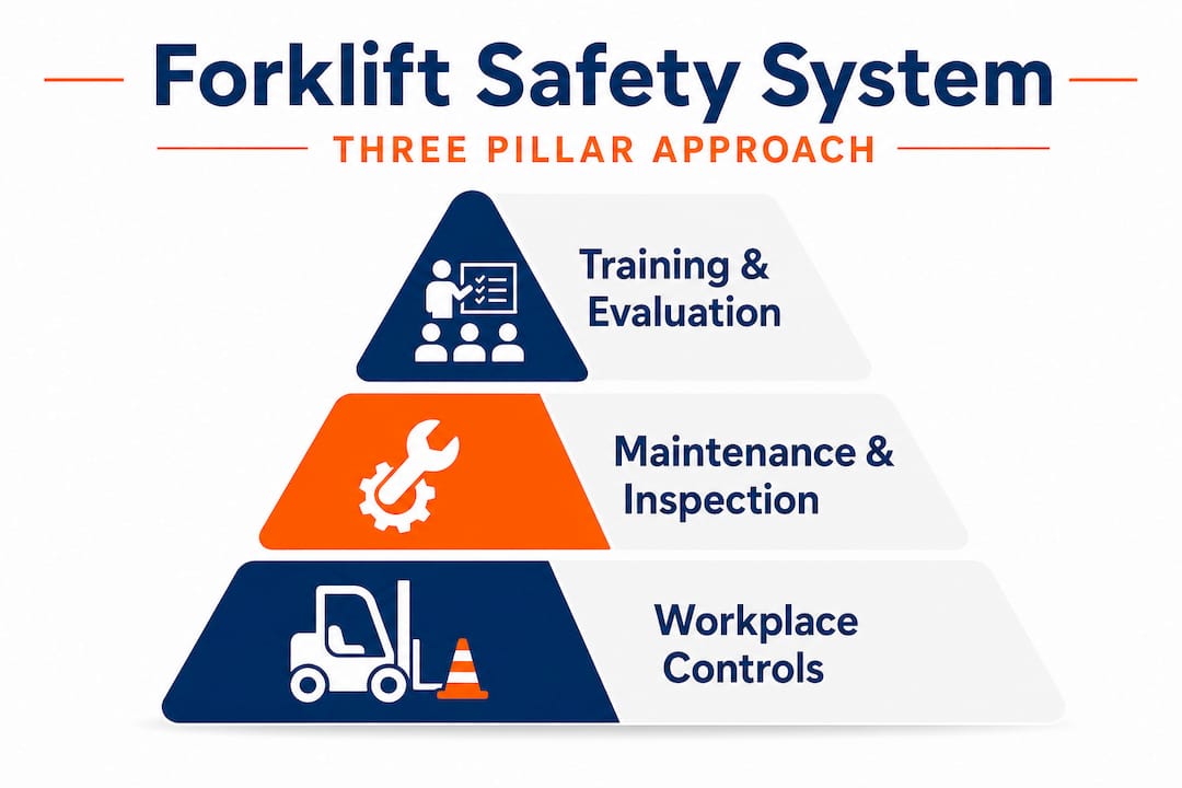 Infographic showing three pillars of forklift safety compliance