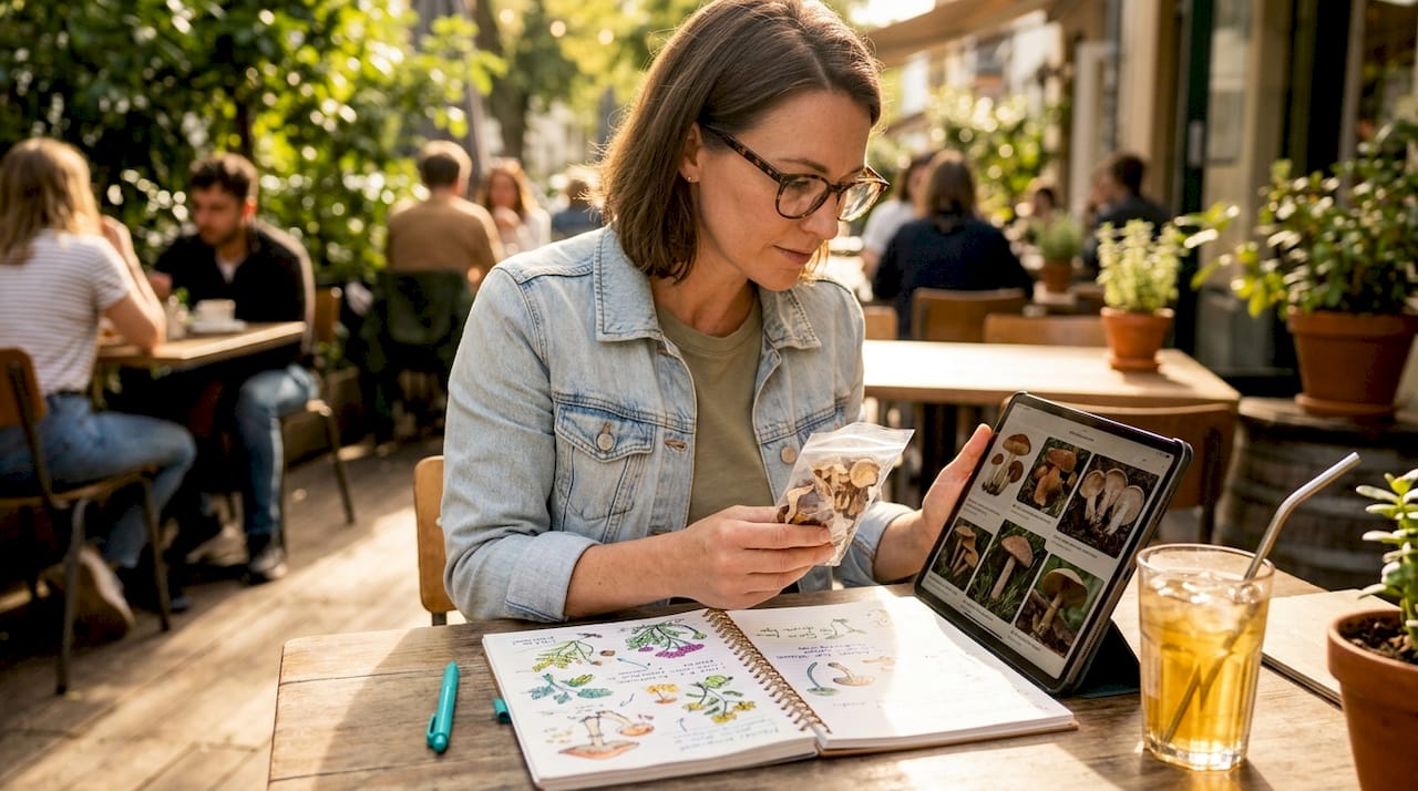 Woman checking mushroom product source with phone