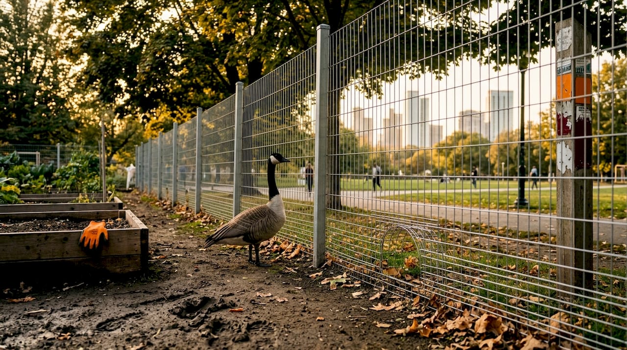 Wildlife-friendly fence near urban park garden