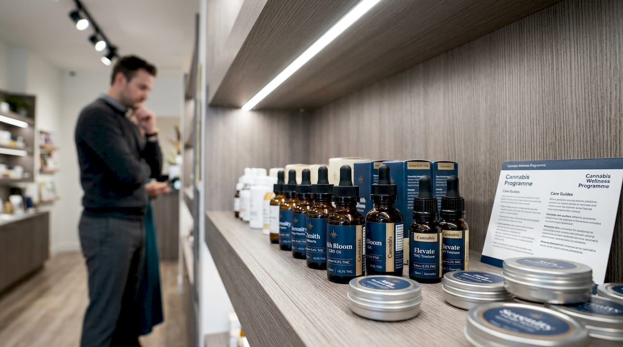 Canadian dispensary shelf with hemp cannabis products