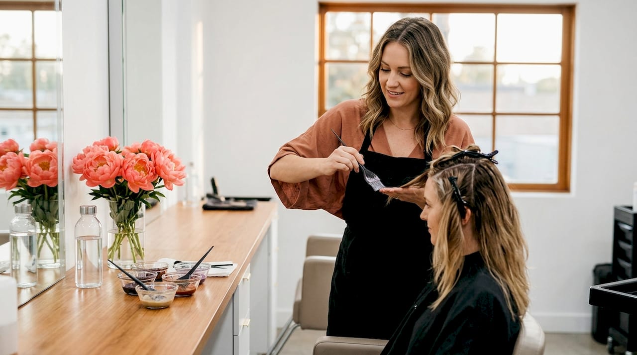 Luxury hair colorist blending color in upscale La Jolla salon