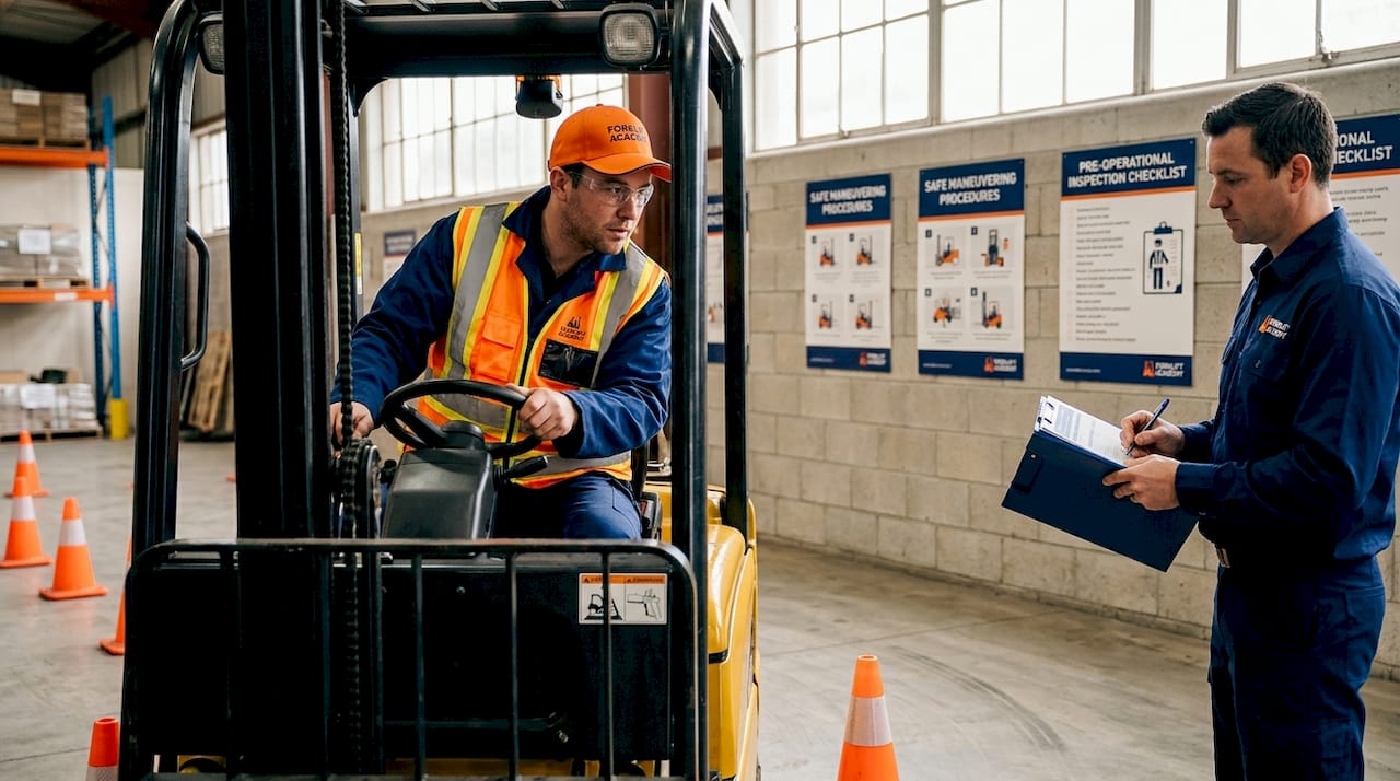 Forklift operator during hands-on certification test