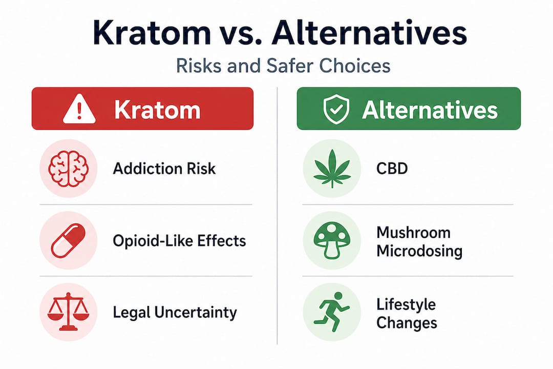 Split infographic Kratom risks vs. safer relaxation options