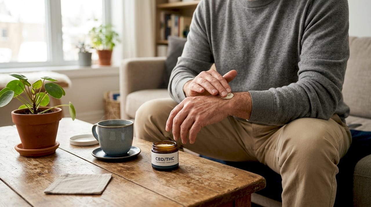 Hands applying cannabis topical cream for arthritis