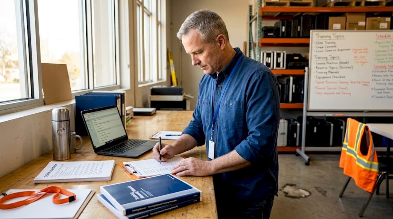 Warehouse manager reviewing OSHA compliance