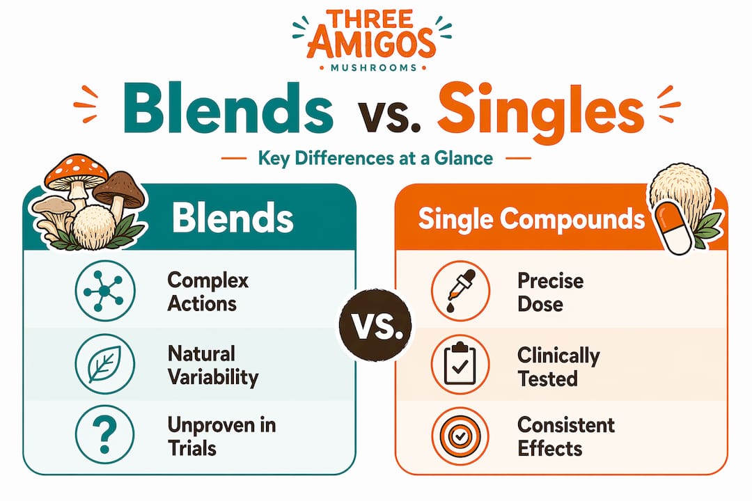 Split infographic comparing blends and single compounds
