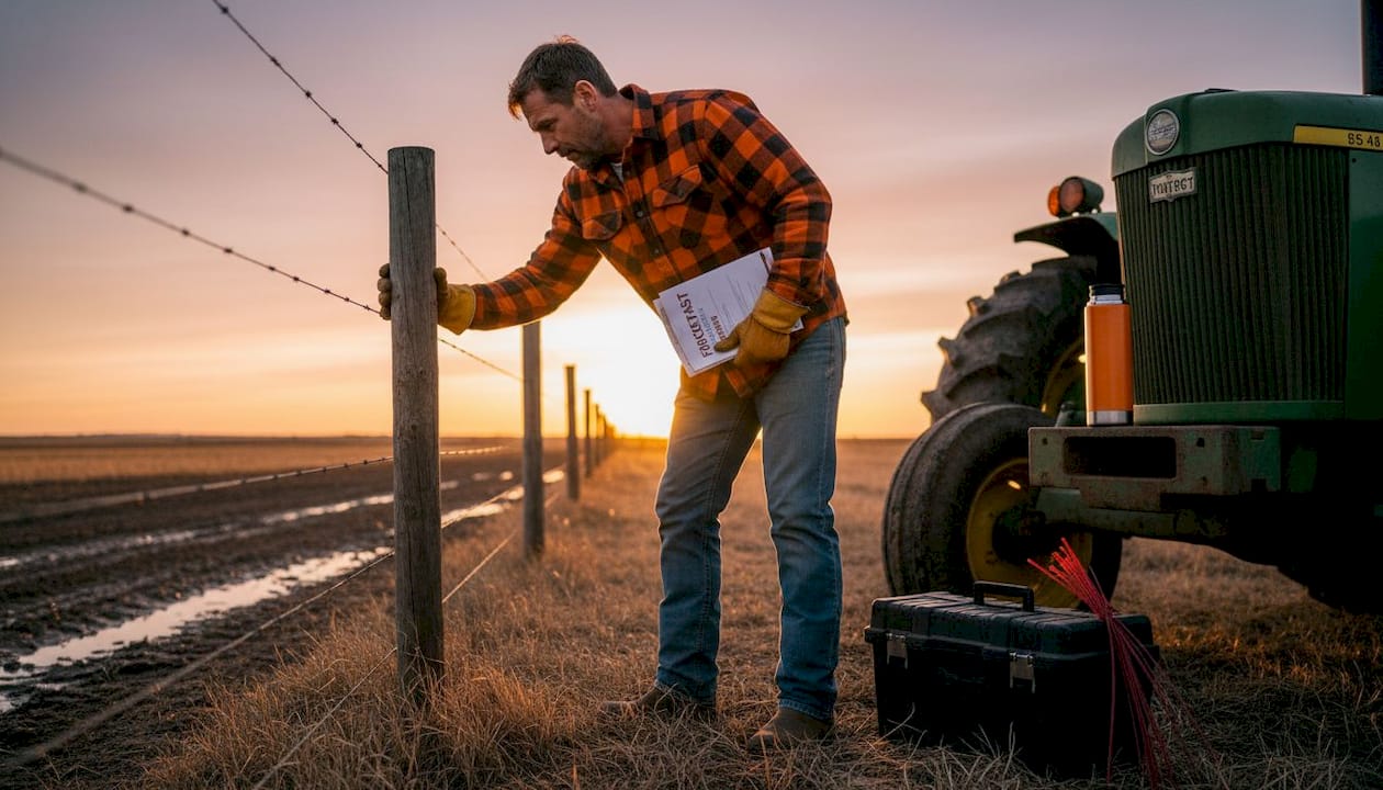 Ranch worker inspecting livestock fence post