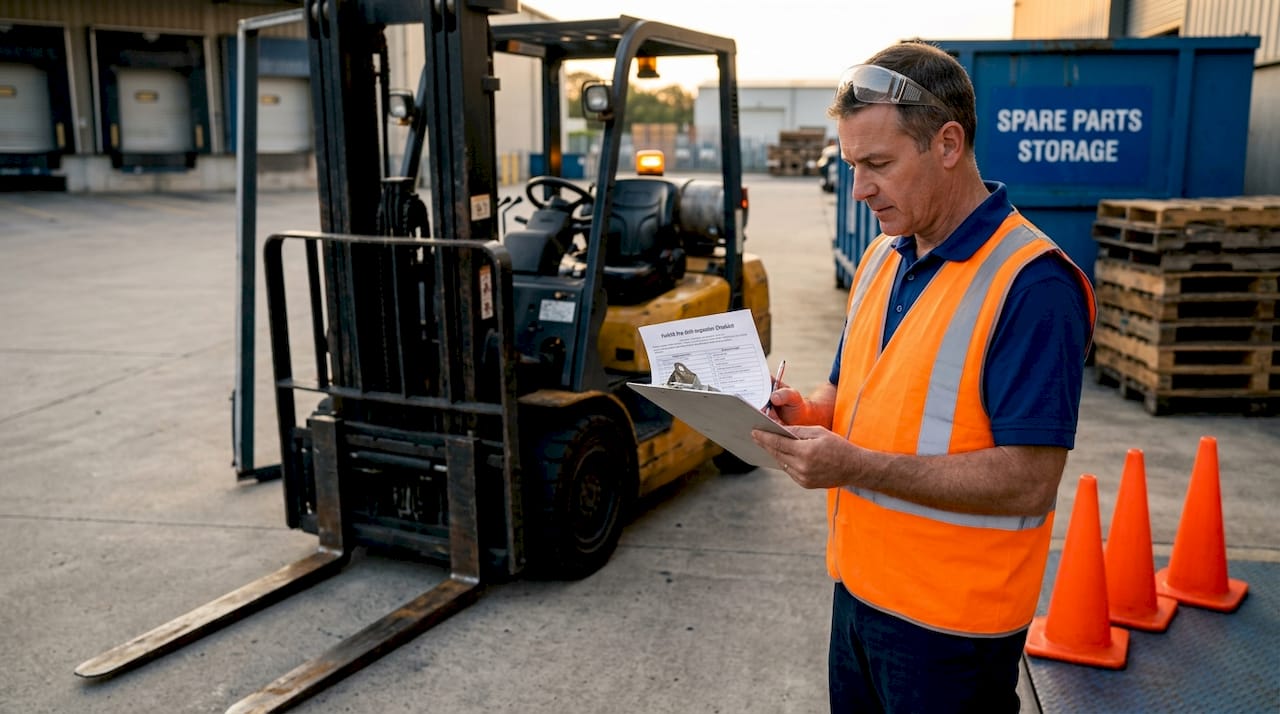 Supervisor filling forklift inspection checklist