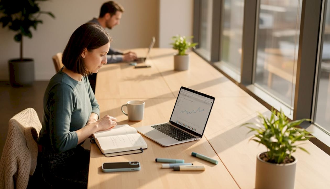 Worker at coffee shop with papers and laptop