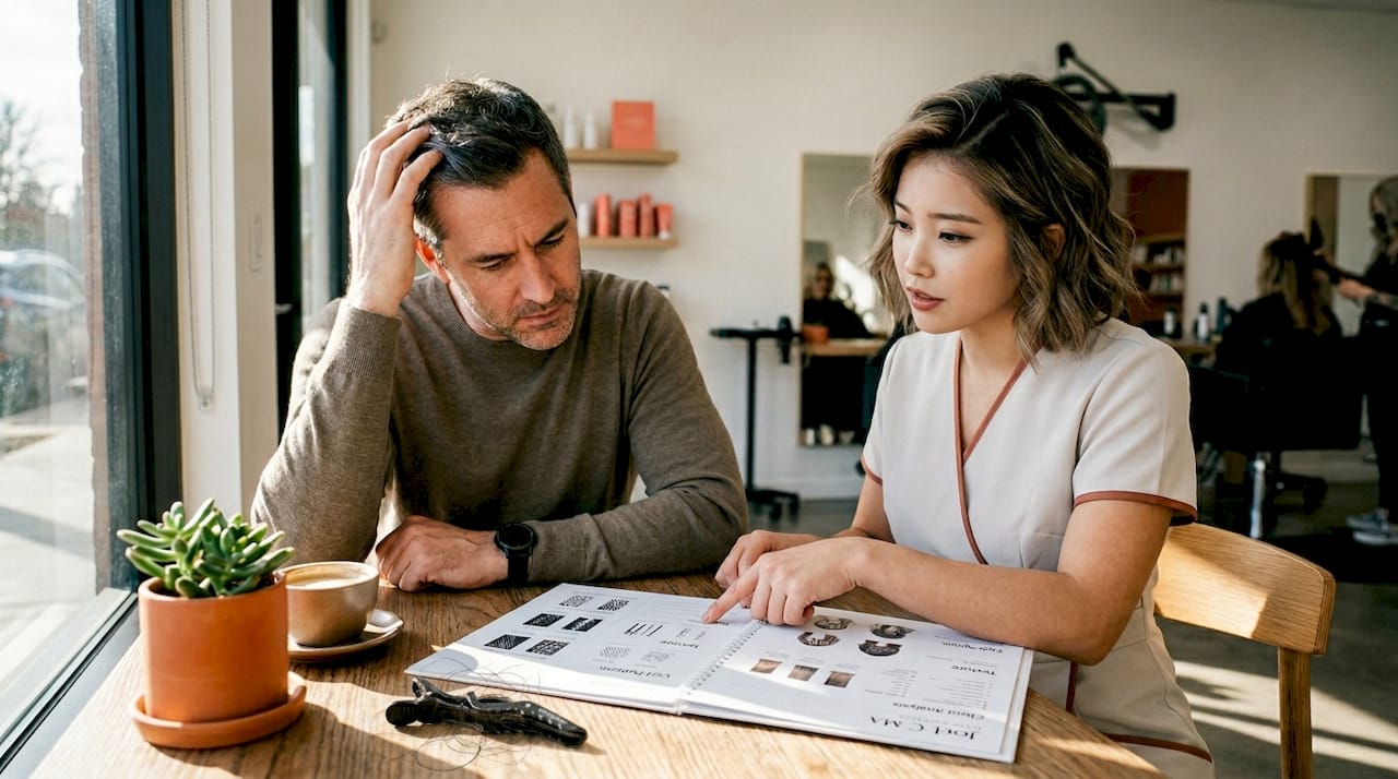 Stylist and client discuss hair type chart