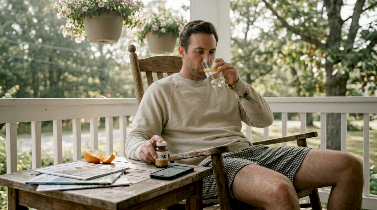Man pauses with CBD bottle at kitchen table