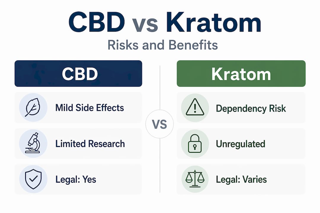 Infographic comparing CBD and kratom risks and benefits