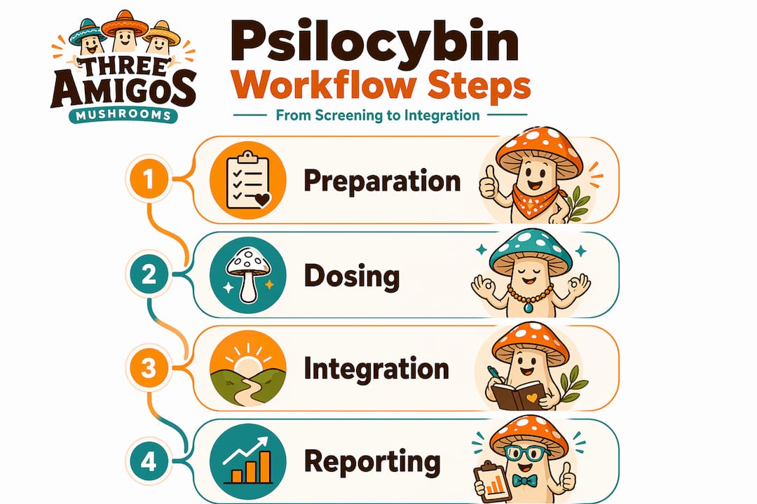 Infographic showing four steps of psilocybin workflow