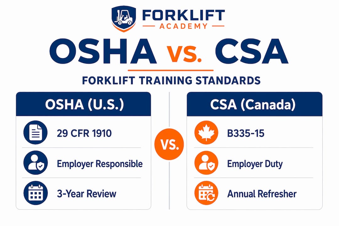 Infographic comparing U.S. OSHA and Canada CSA forklift rules