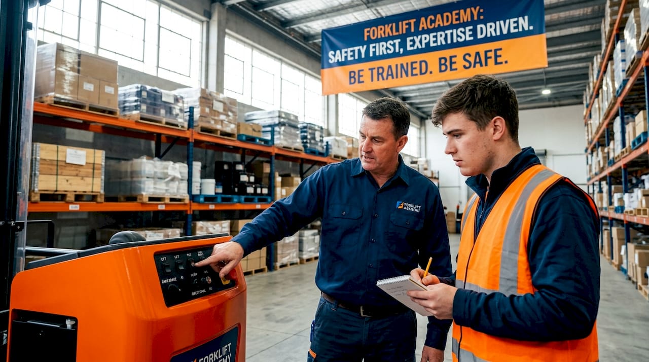 Trainer demonstrates forklift controls to trainee