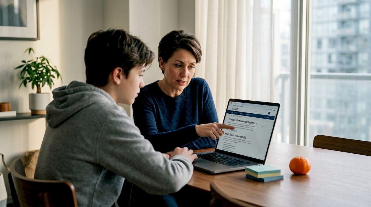 Teen with parent discusses cannabis risks on tablet