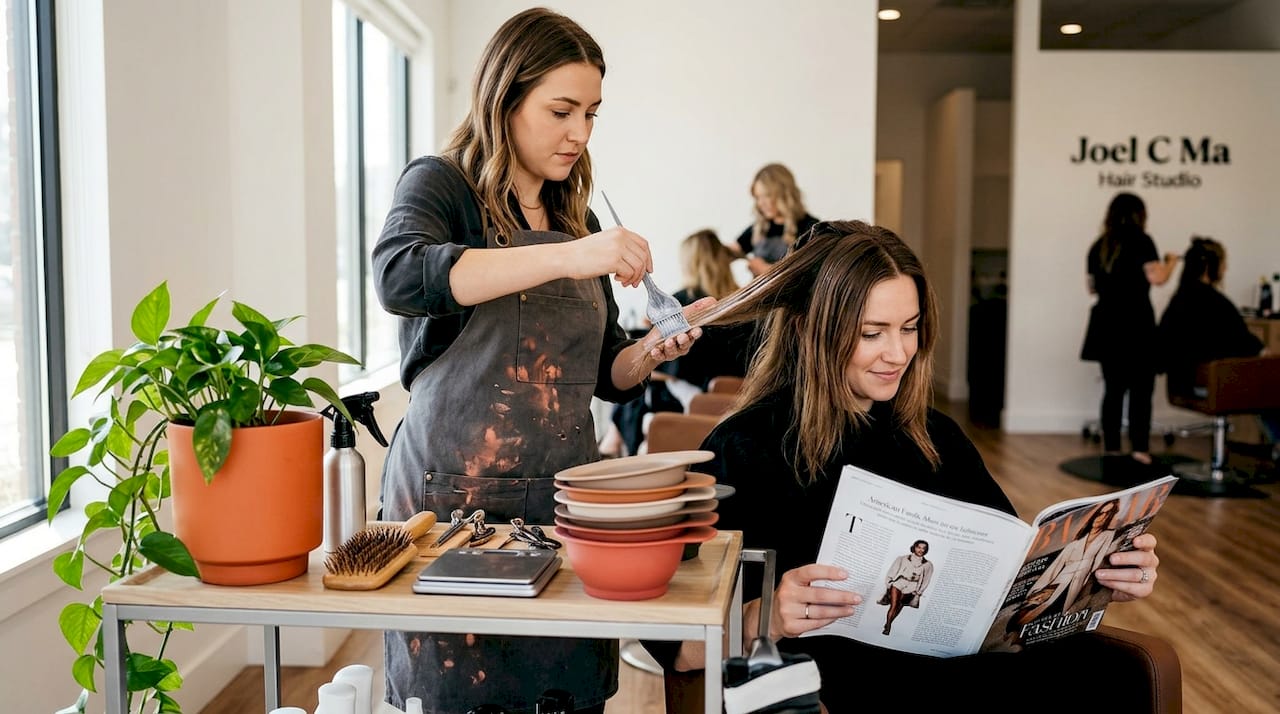 Colorist applying balayage at sunlit salon