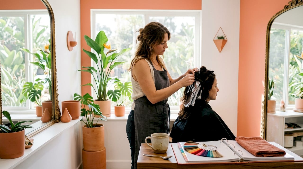 La Jolla salon colorist at work near window