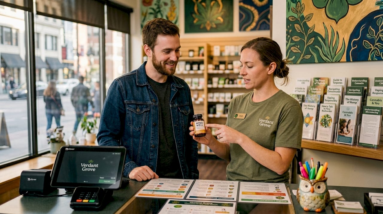 Customer and staff discussing mushroom product at counter