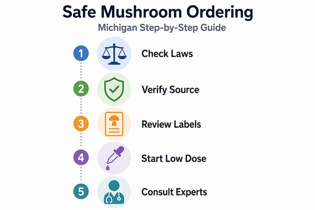 Infographic showing steps for safe mushroom ordering