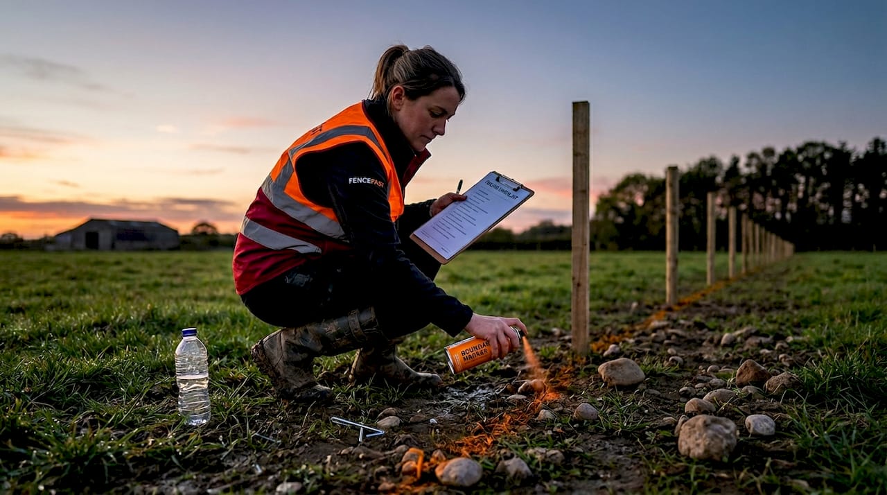 Farm worker marking staked fence boundary