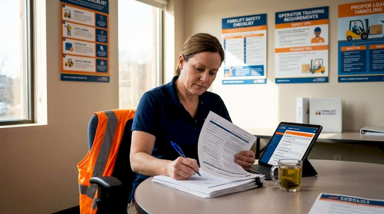 Safety coordinator reviewing forklift training records