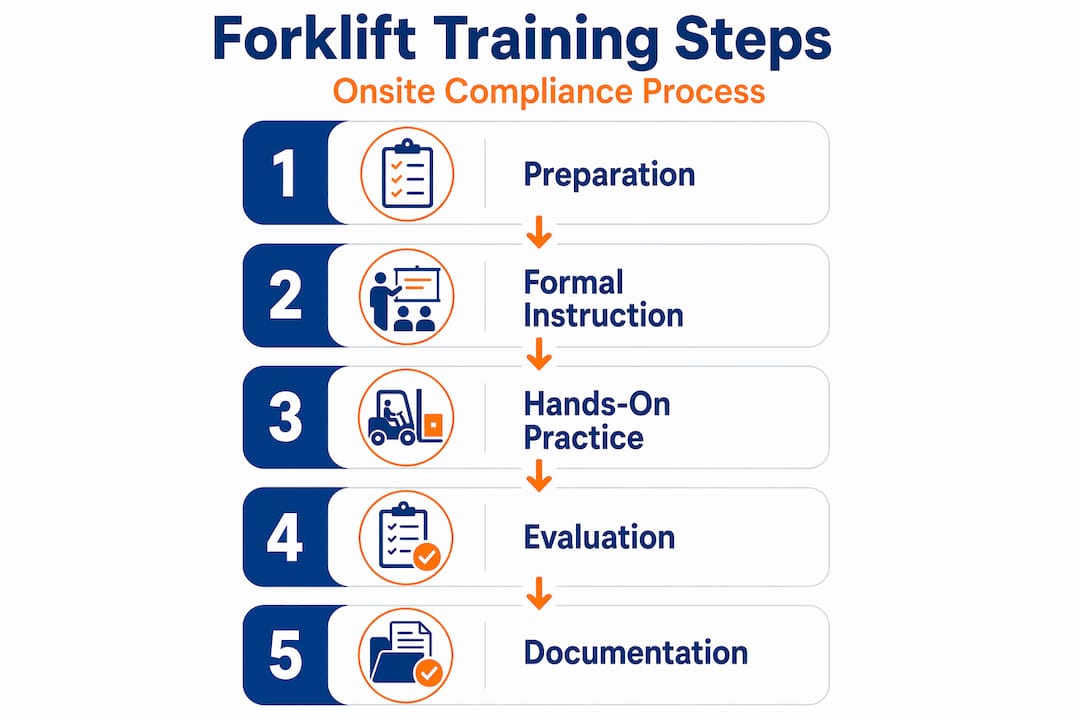 Infographic with five forklift training steps in order