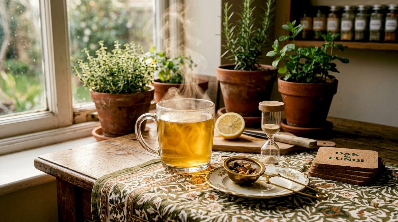 Steeped mushroom tea in glass mug on table
