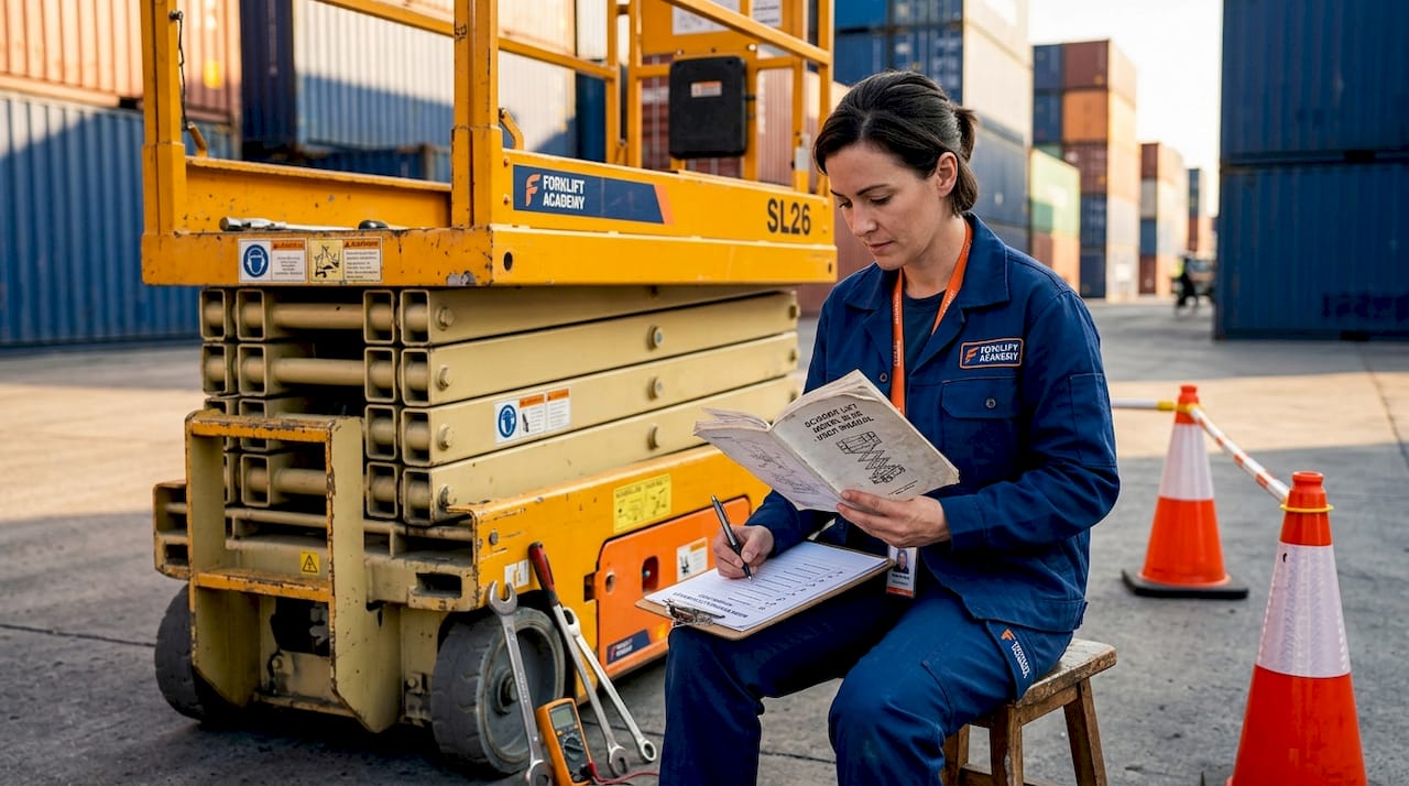 Technician referencing manual during scissor lift inspection