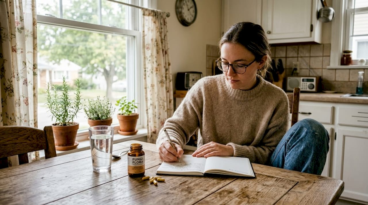 Woman records microdosing journal at kitchen table