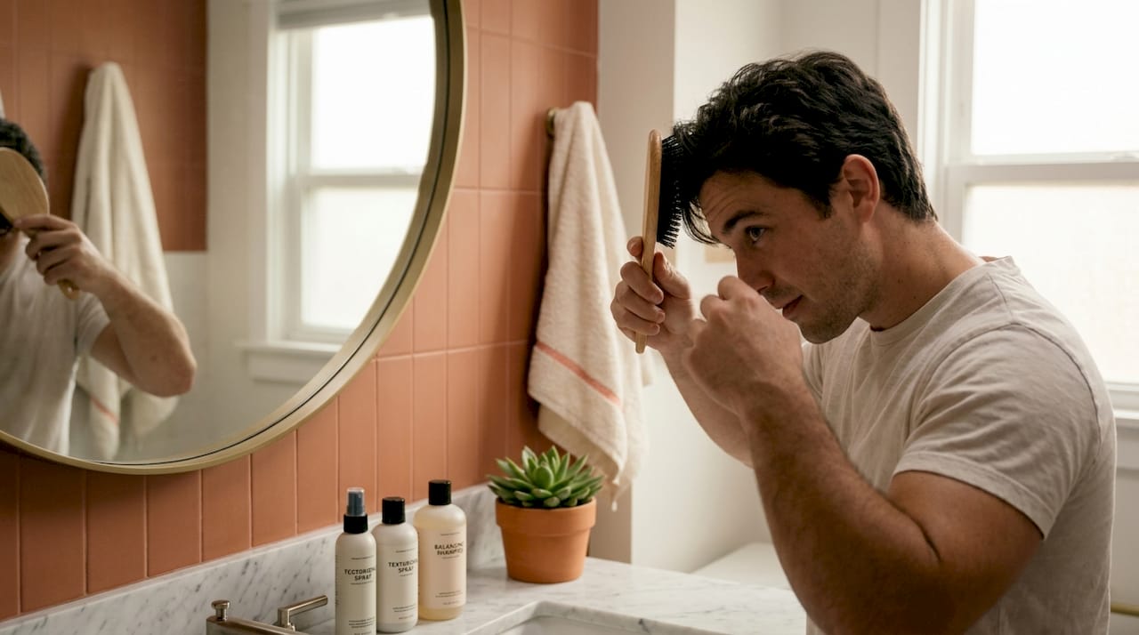 Man brushing medium hair in bedroom