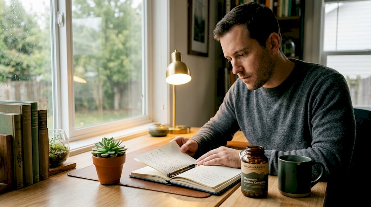 Man reading notebook with mushroom capsules on kitchen island