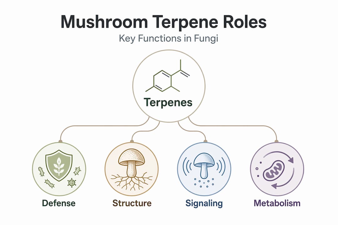 Infographic showing major roles of terpenes in mushrooms