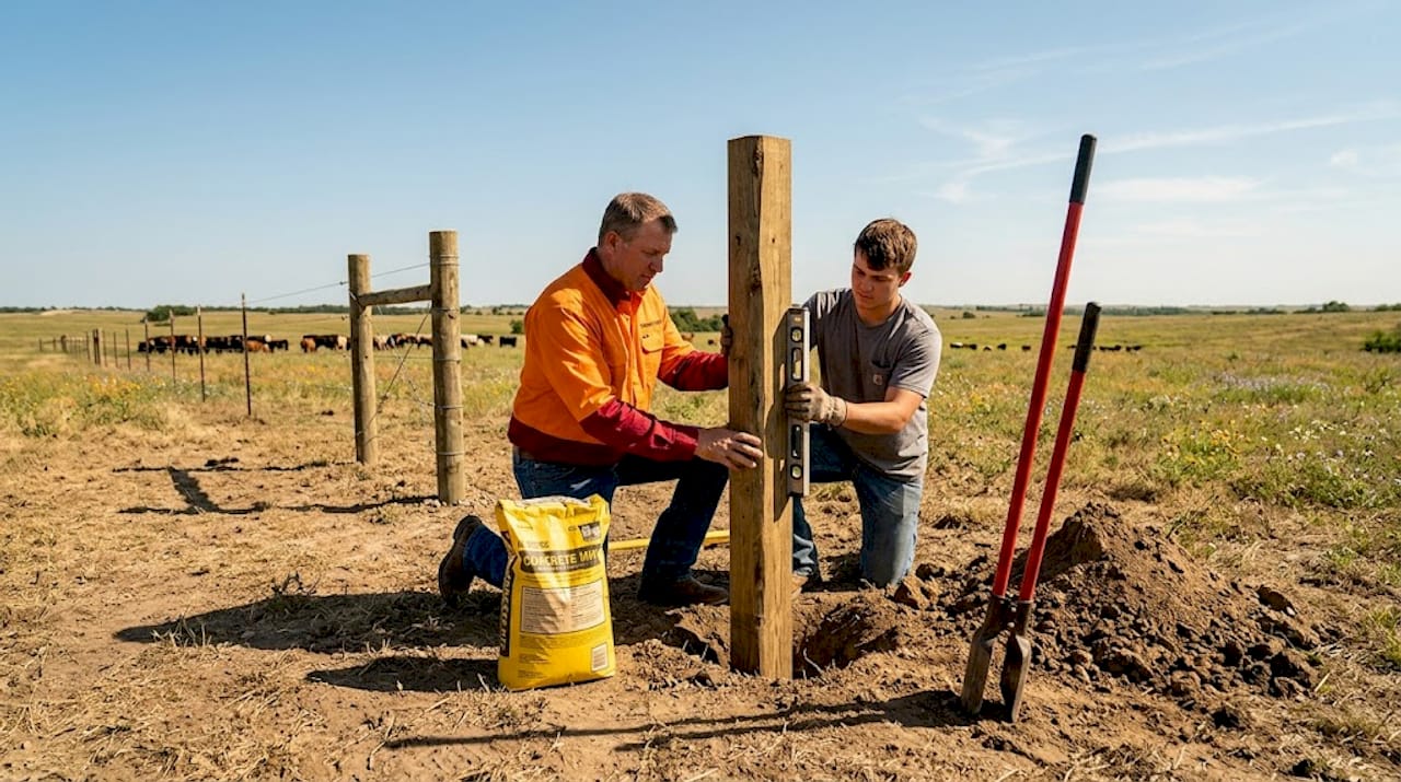 Ranch hands placing corner fence post