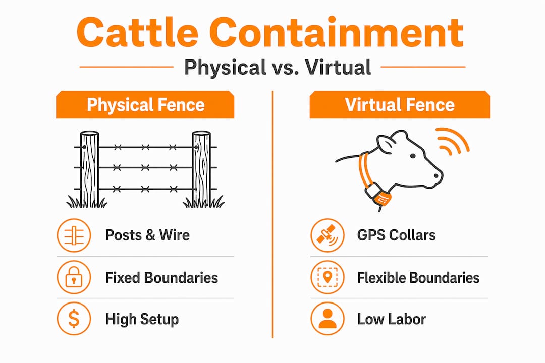 Infographic comparing physical and virtual fencing for cattle