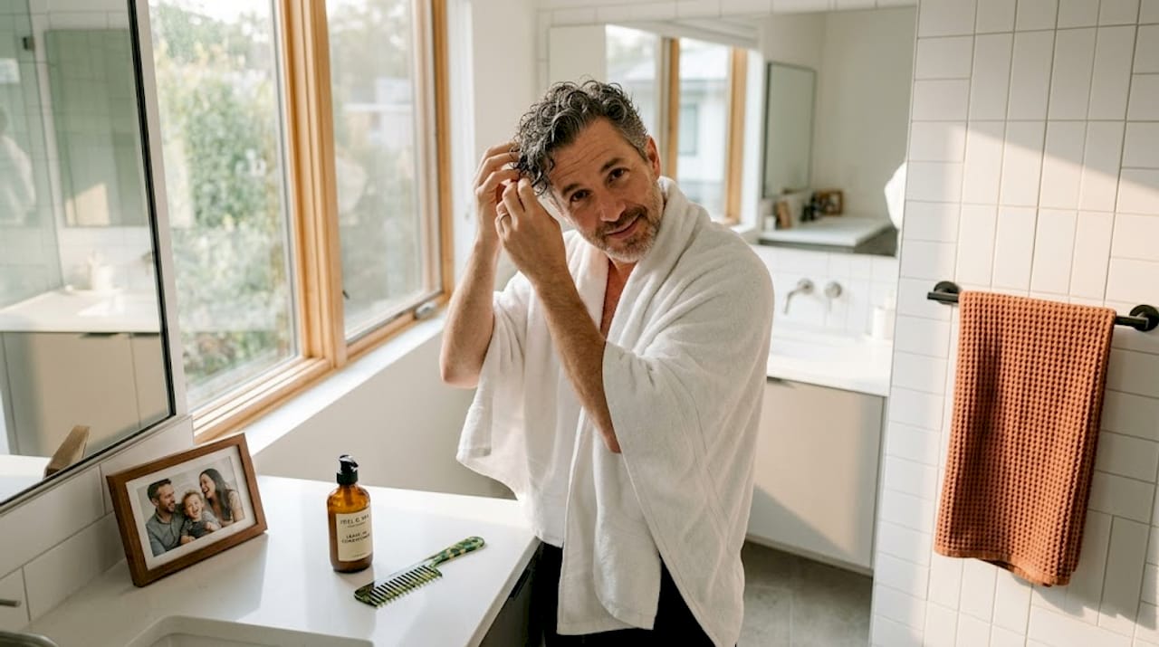 Man gently air-drying curly hair at sink