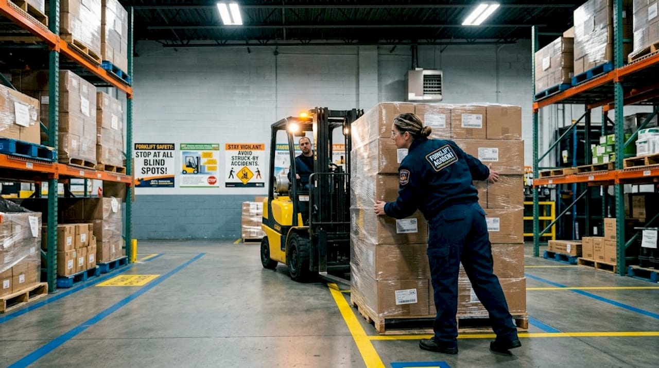 Pedestrian and forklift at warehouse blind spot