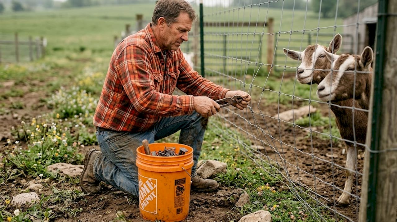 Farmer repairing woven wire goat fencing