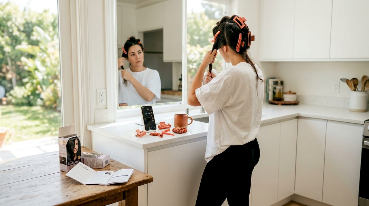 Preparing hair for at-home coloring in bathroom