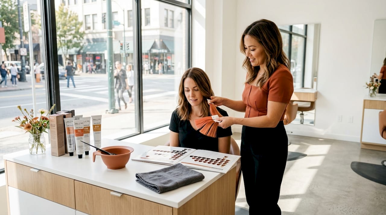 Hair colorist consulting with client in salon