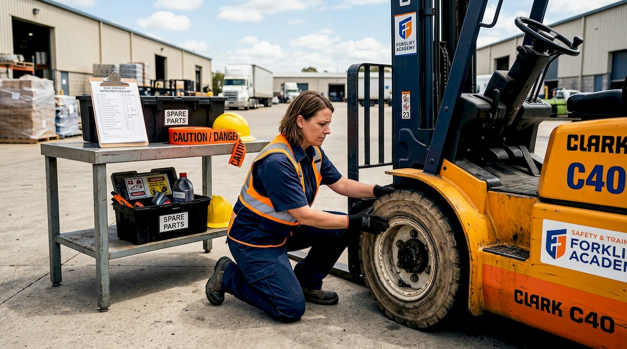 Operator checking forklift tire before shift