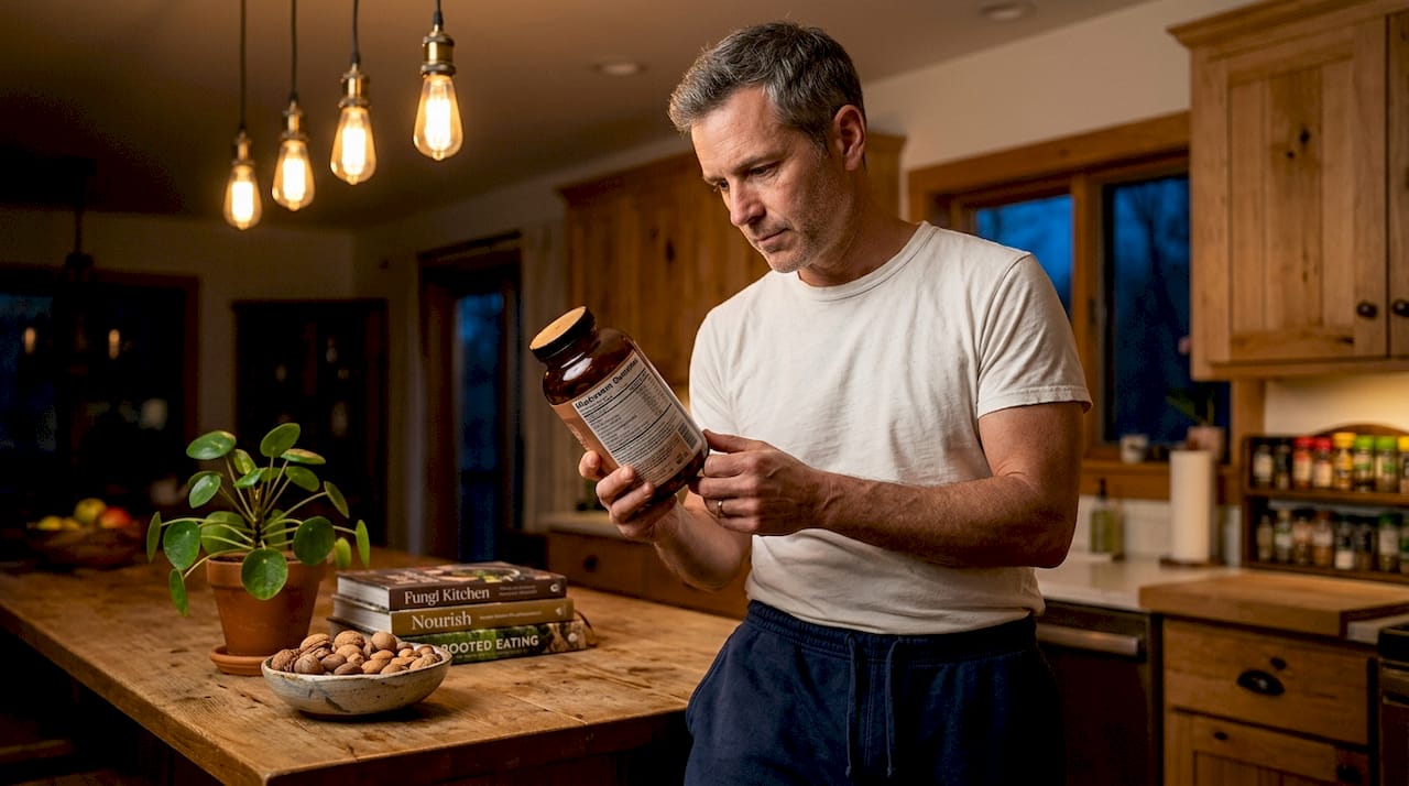 Man reading mushroom gummy supplement label
