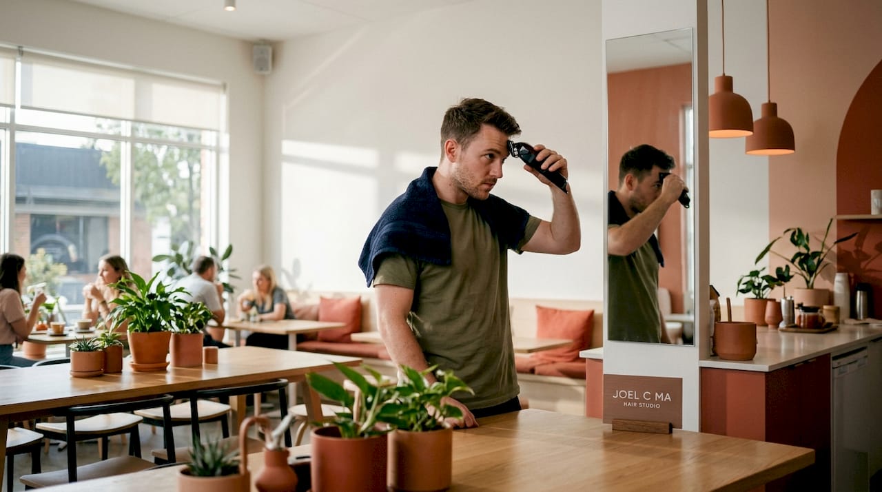 Man giving himself a haircut in living room