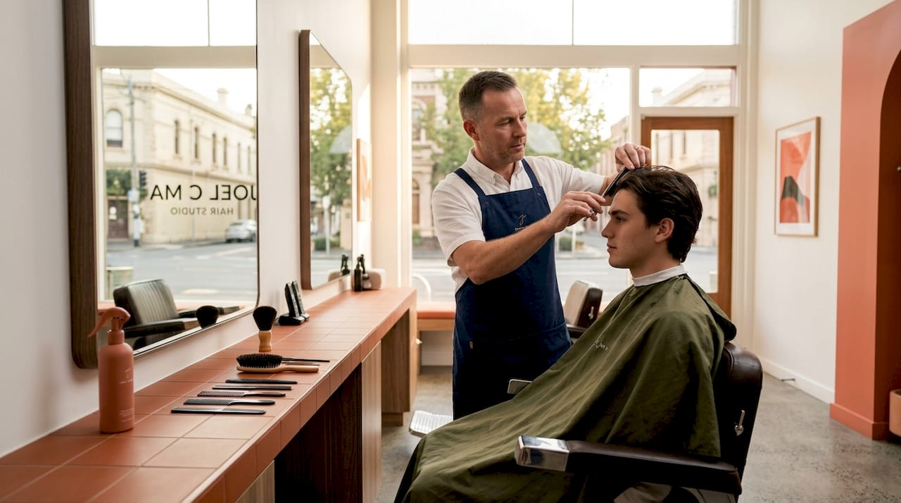 Barber professionally cutting man's hair in salon