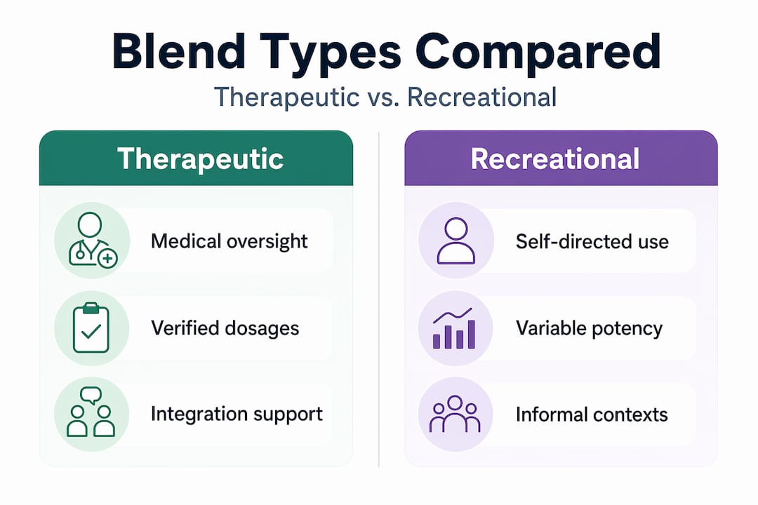 Infographic comparing therapeutic and recreational psychedelic blends