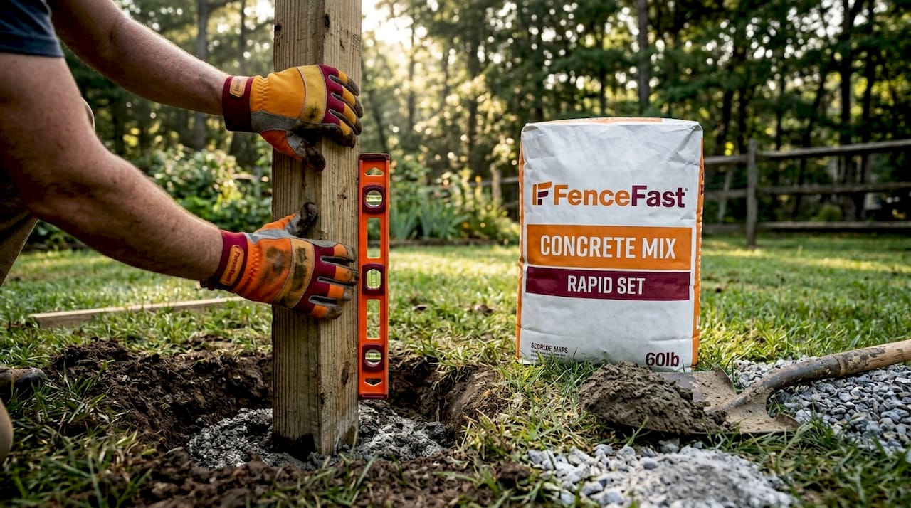 Hands setting fencing post with concrete in hole