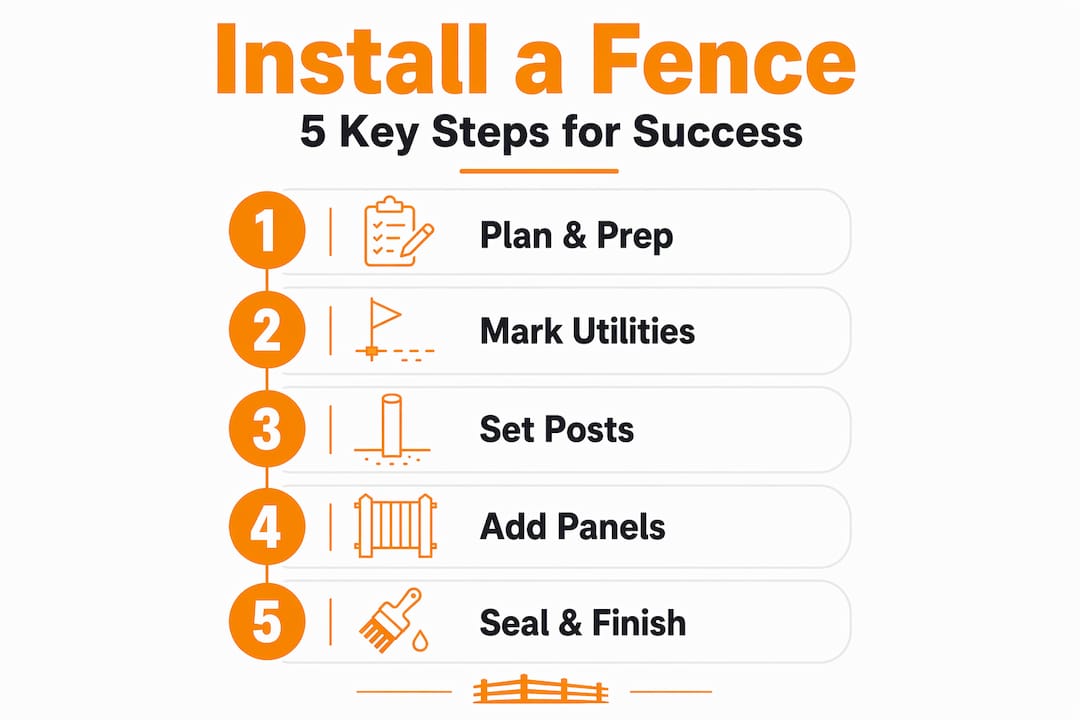 Infographic with five-step DIY fence installation process